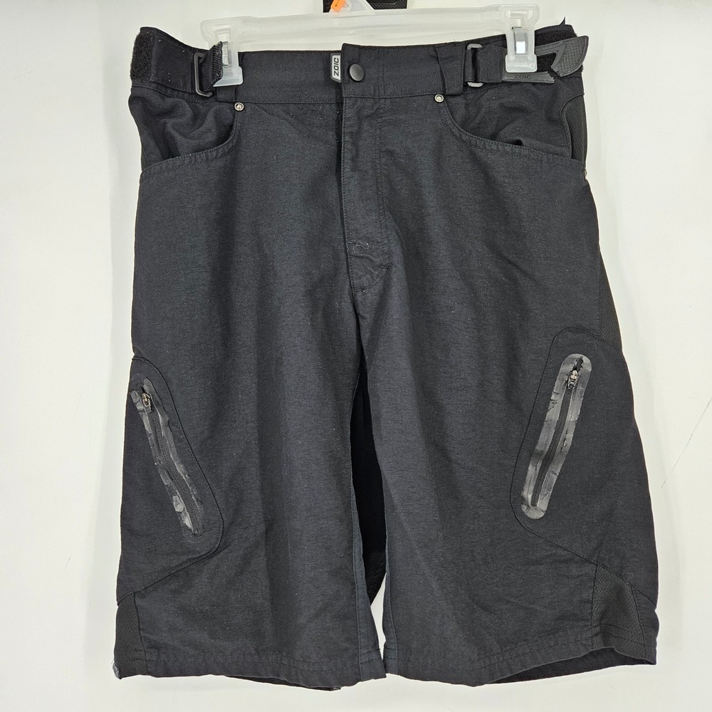 Zoic Shorts Mens Large Black Cycling Adjustable Waist Zipper Pockets Bike FLAWS